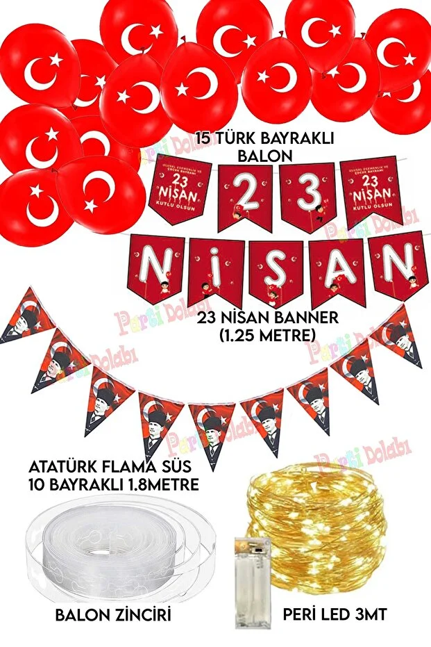 Ledli 23 Nisan Çocuk Bayramı Zincir Banner, Flama Bayrak Balon Süsleme Seti Okul Ev 19 Mayıs Süsleri